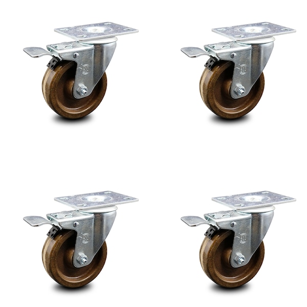 Service Caster 4 Inch High Temp Phenolic Swivel Top Plate Caster Set with Total Lock Brake SCC SCC-TTL20S414-PHSHT-4 - main